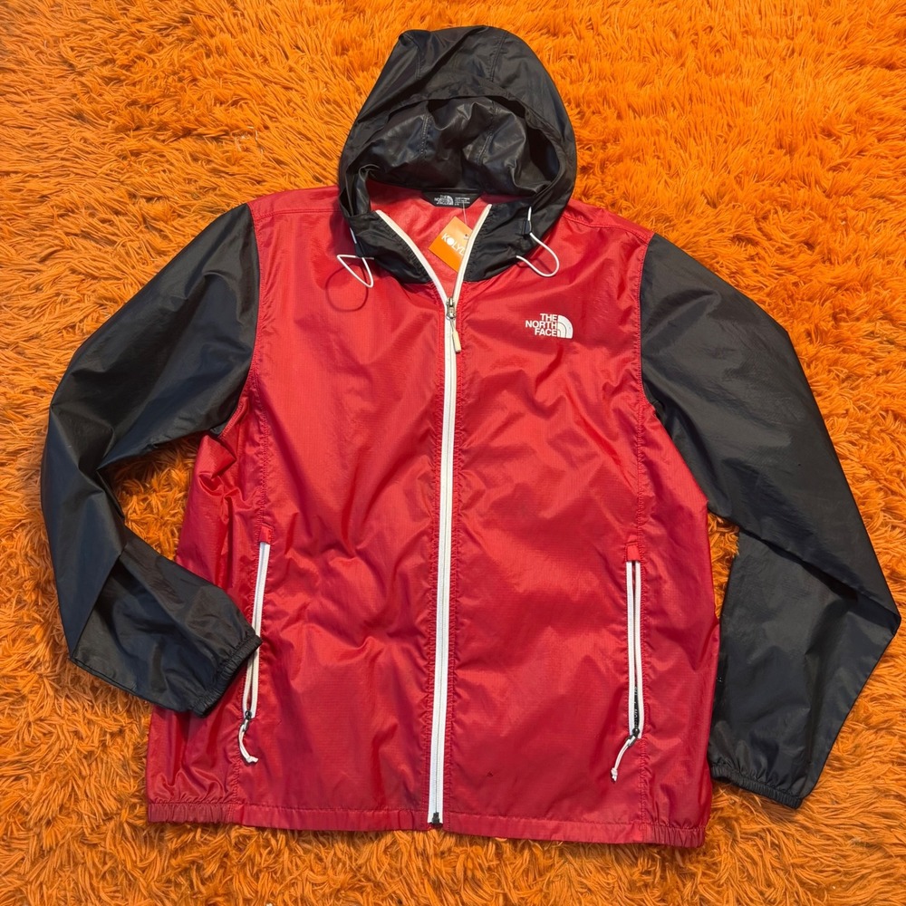 The North Face Mens Red Black Colorblock Hooded Windbreaker Jacket Large